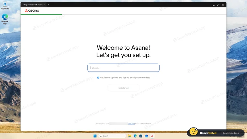 Asana: Setup starts with the marketing-email box already ticked; we unticked it
