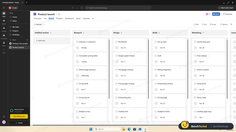 Asana: Board view with the five phases as columns
