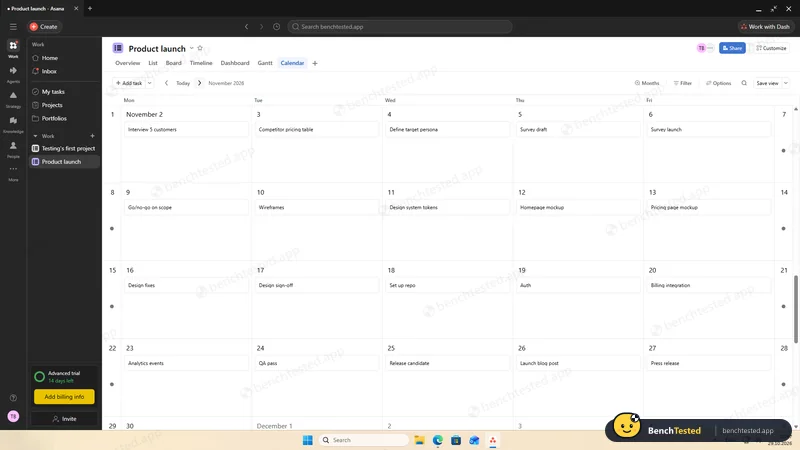 Asana: Calendar view: every task on its day
