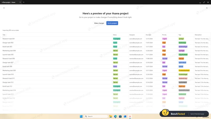 Asana: CSV import: all seven columns recognised and typed automatically