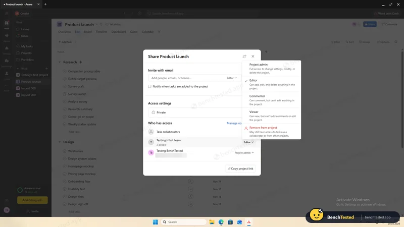 Asana: Project roles: Project admin, Editor, Commenter and Viewer