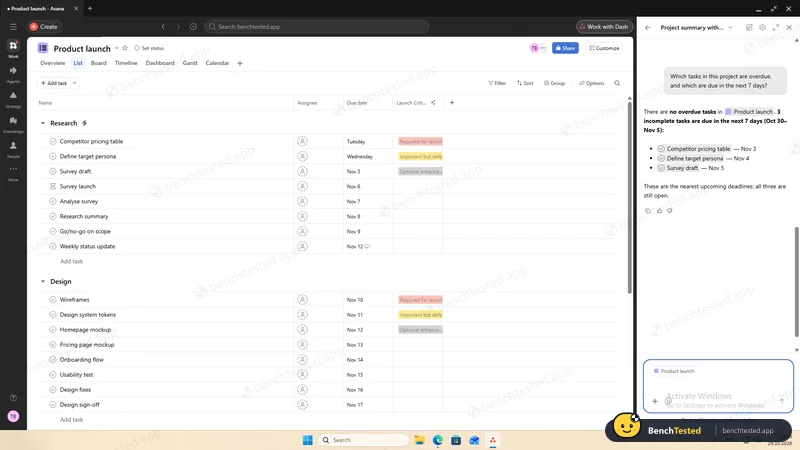 Asana: “What is overdue?” Correctly nothing, plus the three tasks due in the next week
