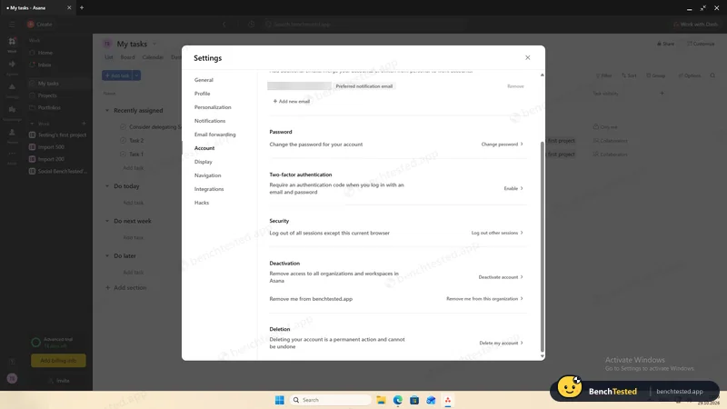 Asana: You can deactivate or permanently delete your own account in Settings