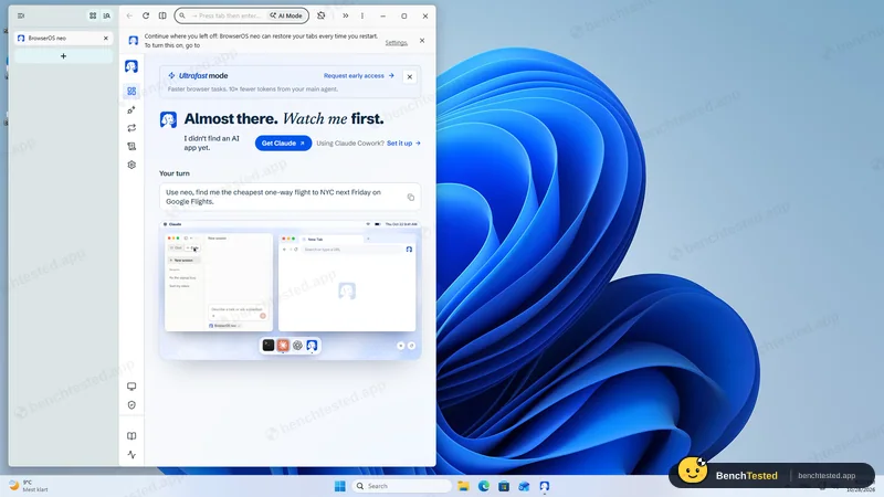 BrowserOS neo: The new-tab Cockpit says it did not find an AI app yet and suggests getting Claude