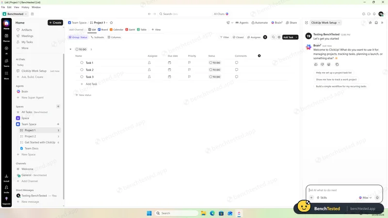 ClickUp: A new workspace comes with sample lists and Brain², the AI panel, open on the right
