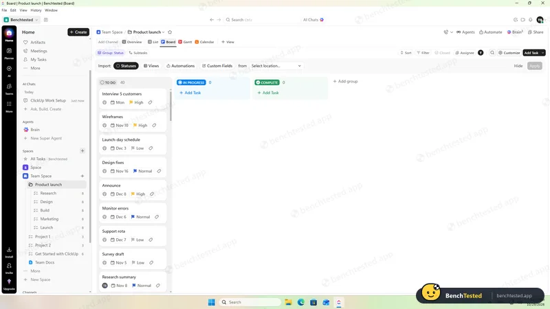 ClickUp: Board view of the 40-task project
