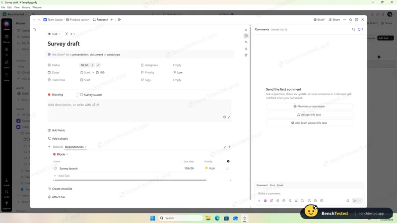 ClickUp: A dependency: “Survey draft” blocks “Survey launch”