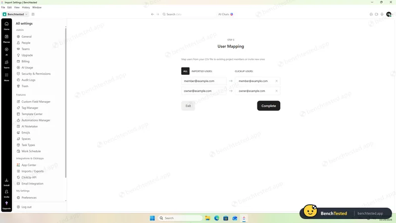 ClickUp: The import wants to invite every email address in the file; we cleared both