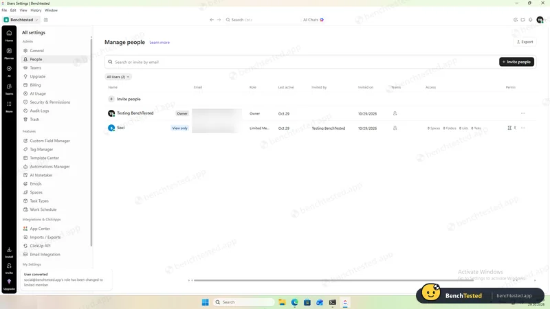 ClickUp: As a Limited Member the second user is “View only” with access to nothing until something is shared