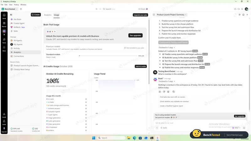 ClickUp: Free plan AI: a one-off trial on standard models that does not reset, plus 500 credits for other AI features