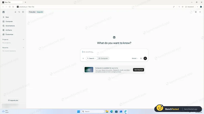 Comet: Home screen on the Free plan (account name blurred by us)