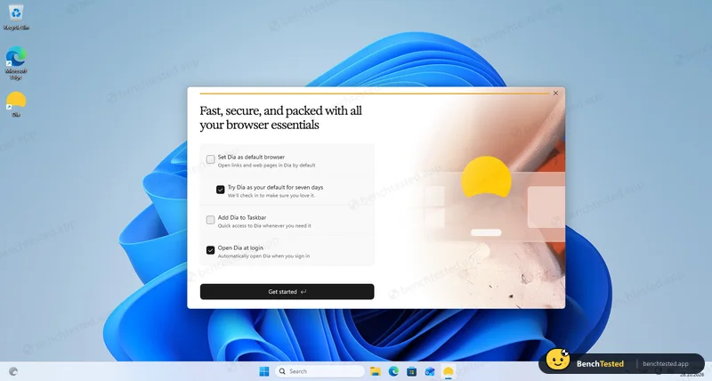 Default browser, taskbar, login and a seven-day trial all pre-ticked