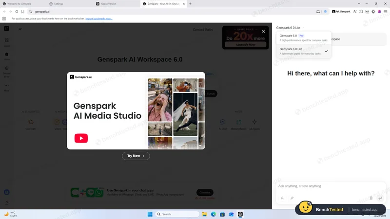 Genspark: Model picker in the side panel: Genspark 6.0 Lite (free) and Genspark 6.0 Pro