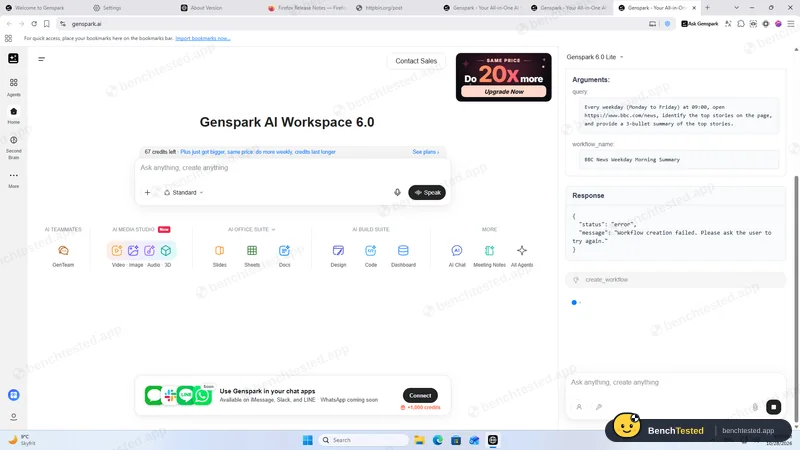 Genspark: Task 5: the routine tool returns “Workflow creation failed”