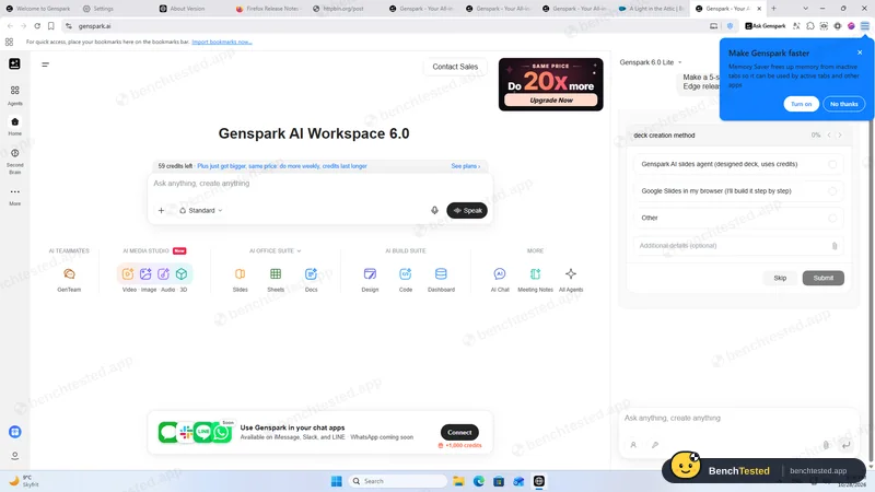 Genspark: Slide task: the agent asks which deck method to use, while a Memory Saver prompt appears