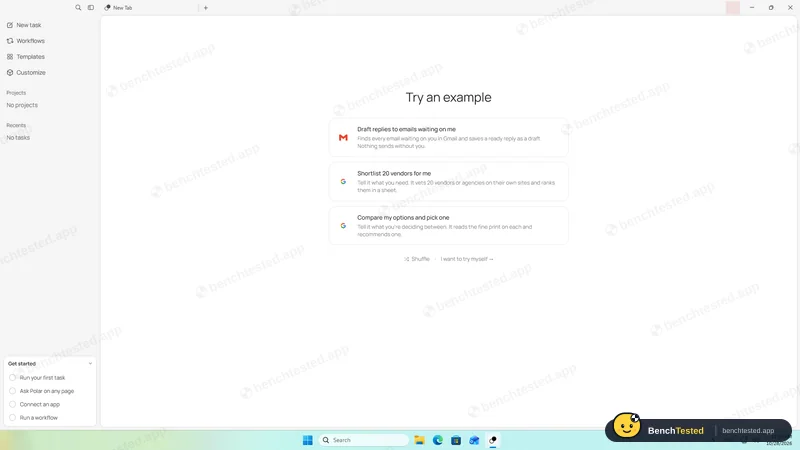 Polar: The home screen: tasks, workflows and templates on the left, example tasks in the middle