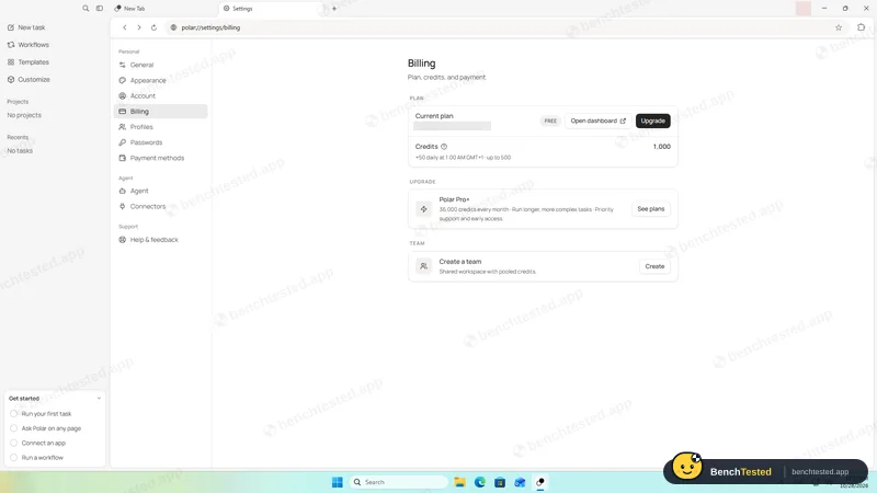 Polar: Free plan: 1,000 starting credits plus 50 a day