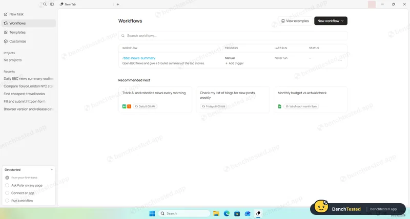 Polar: The Workflows page afterwards: the workflow is kept with a manual trigger and has never run